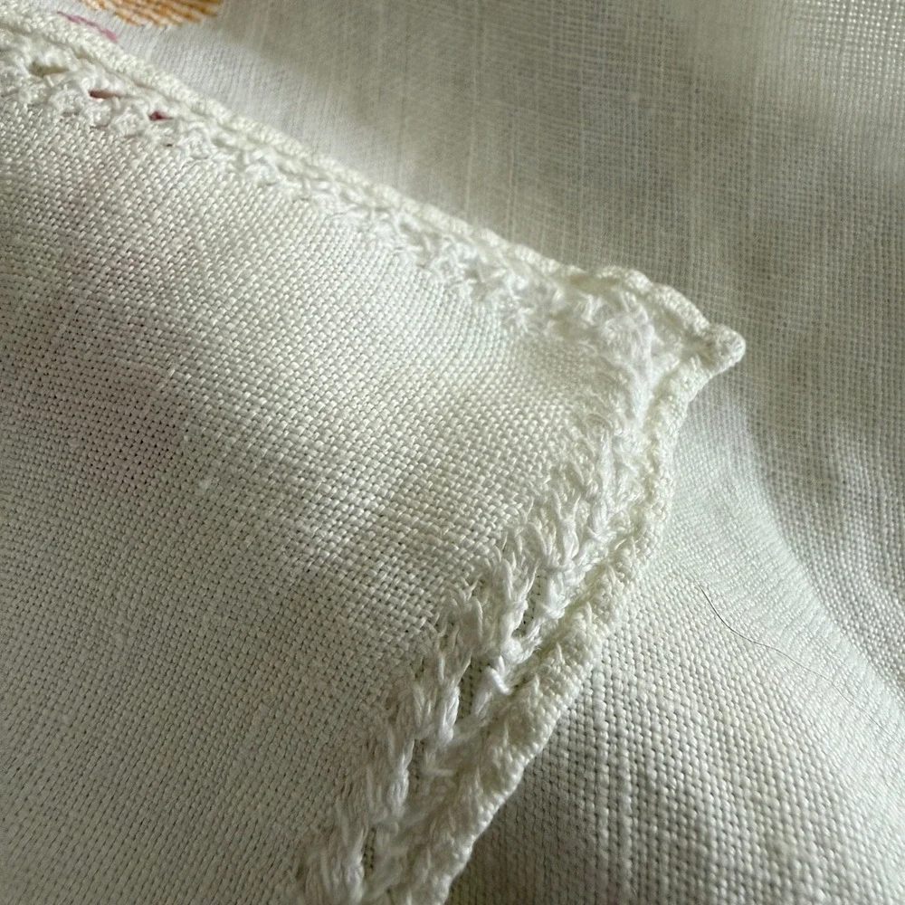 Vintage Hand Embroidered Linen Tablecloth Floral Cross Stitch White Lace 33
